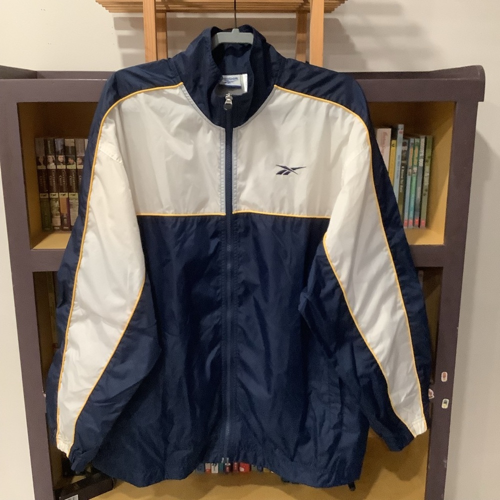 VTG 90s Reebok Nylon Windbreaker Jacket Size Large White Navy Blue Zip Front